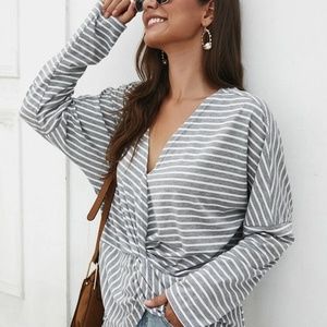 Striped Twist Front V Neck Tee